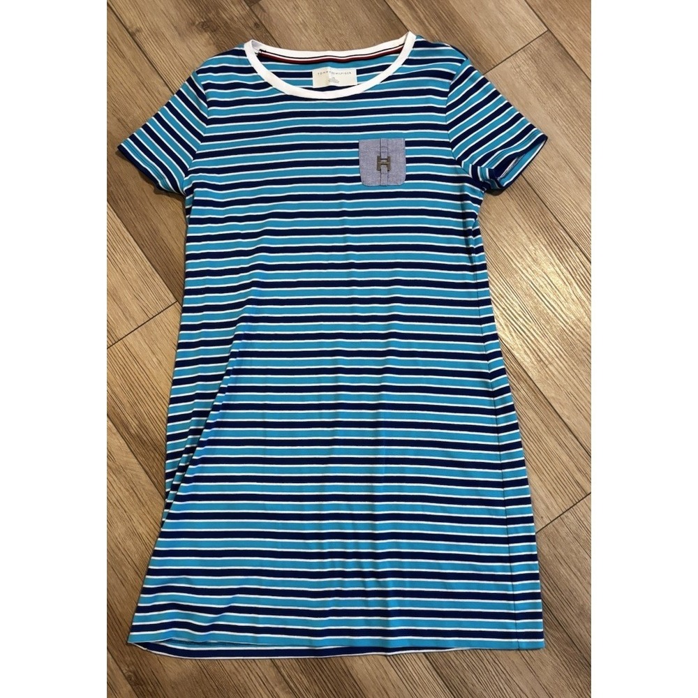 Tommy Hilfiger‎ Woman's Blue Striped Short Sleeve Shirt Dress Size Large